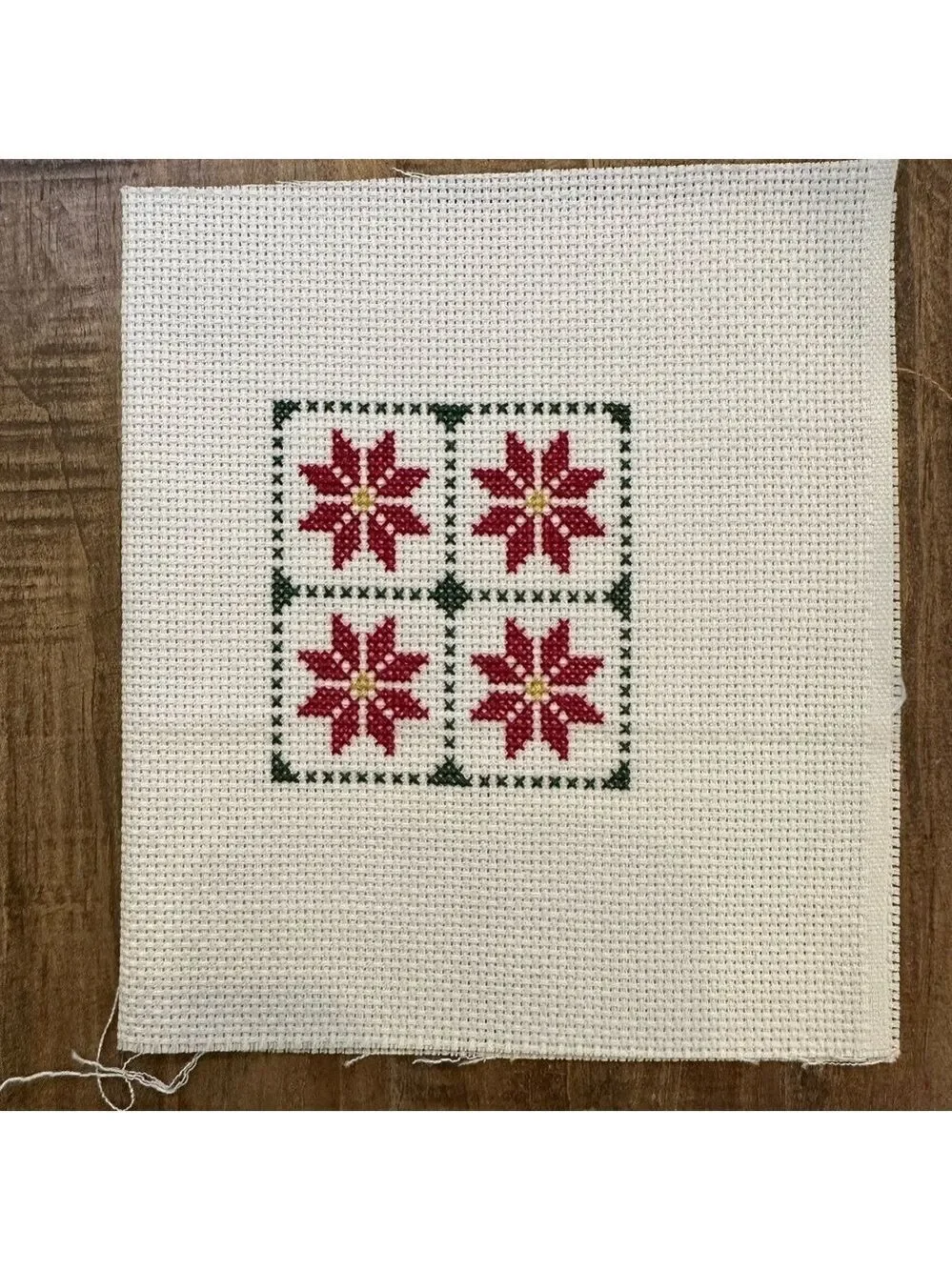Poinsettias in a windowframe design Completed Vtg Crosstitch needlework panel